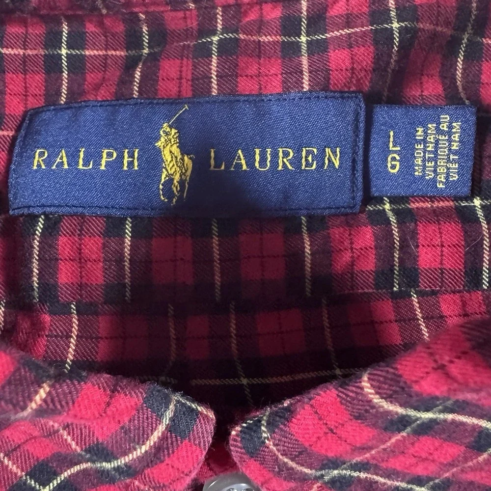 Polo Ralph Lauren‎ Button Down Shirt Men's L Red Black Plaid LS Brushed Cotton